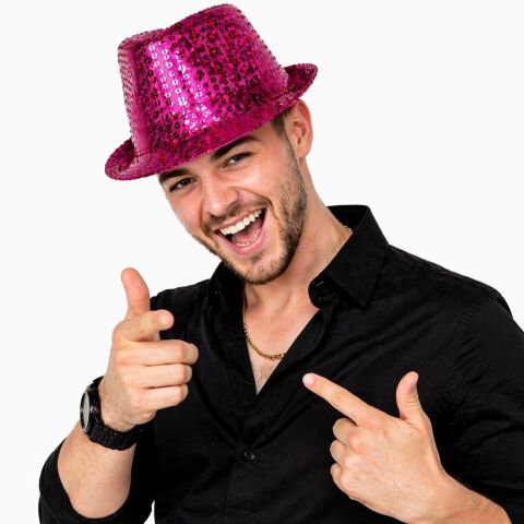 Fuşya Pembe Payetli Disco Parti Şapkası Yetişkin Işıltılı Fötr Model
