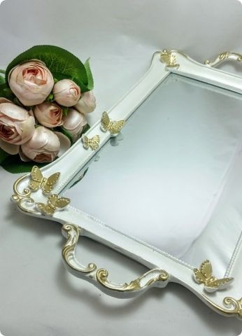 Dikdörtgen Kelebek Desenli Aynalı Söz,Nişan,Nikah Yüzük Tepsisi