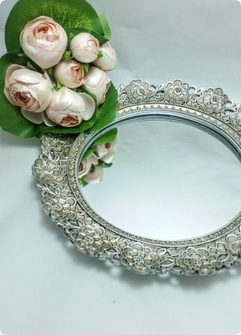 Yuvarlak Çiçek Desenli Ayna Yüzük,Söz,Nişan,Nikah Tepsisi