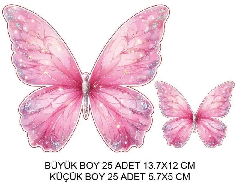 DEKORATİF SÜS İKİ BOY KELEBEK PEMBE SET:25 ADET