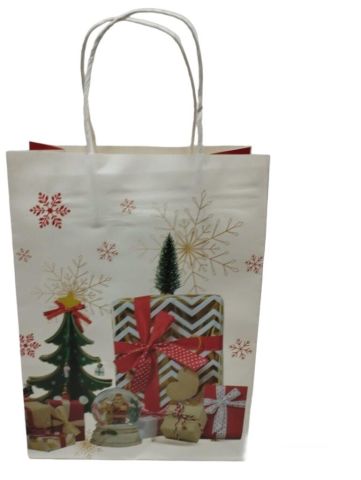 12 Li 26x33 cm Büküm saplı Kağıt Çanta-Poşet Beyaz Zemin Yılbaşı Hediye Paketli