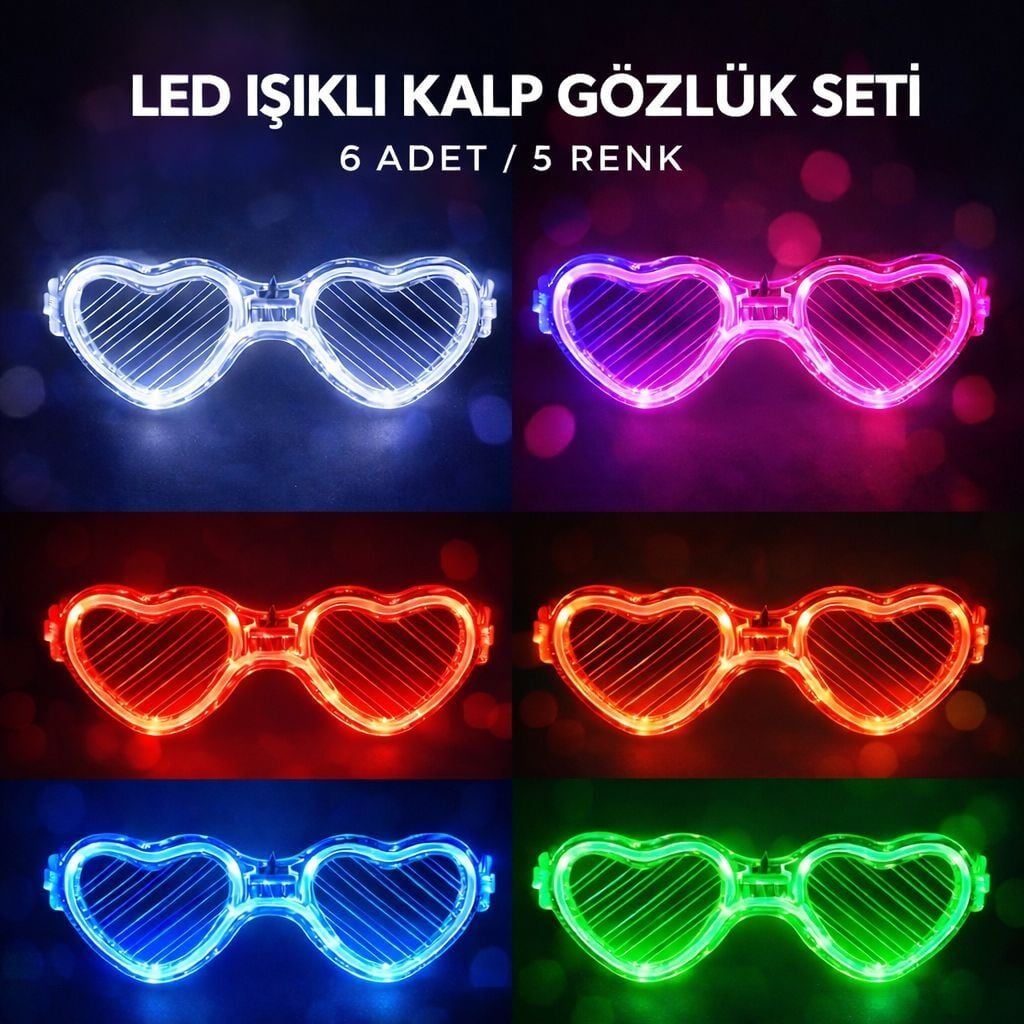 LED Işıklı Kalp Glow Pilli Parti Gözlüğü – 6 Adet / 5 Renk Set
