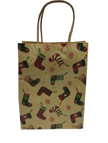 12 Li 19x26 cm Büküm saplı Kağıt Çanta-Poşet Kraft Yılbaşı Çoraplı
