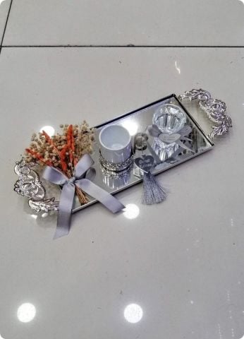 Süslü Aynalı Saplı Damat Kahvesi / Yüzük Tepsisi