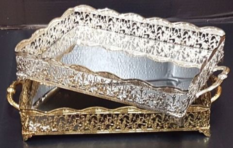 Dikdörtgen aynalı telkari tepsi (34x24 Cm)
