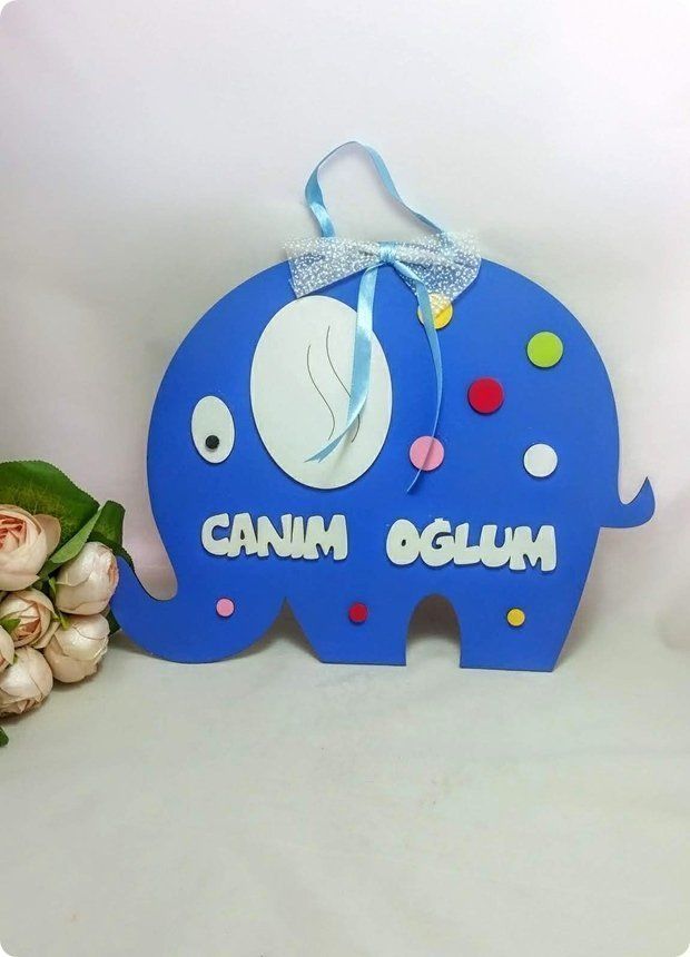 Ahşap renkli fil bebek kapı süsü
