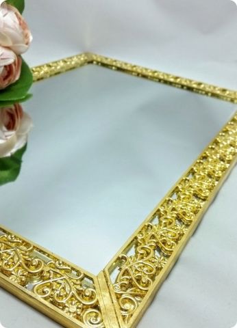 Dikdörtgen Metal Desenli Aynalı Yüzük Tepsisi / Supla