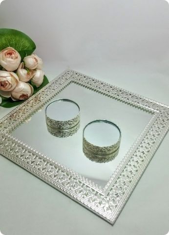 Kare Metal Desenli Aynalı Söz,Nişan Yüzük Tepsisi / Supla