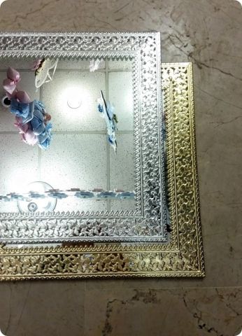 Kare Metal Desenli Aynalı Söz,Nişan Yüzük Tepsisi / Supla