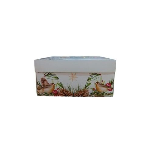 26x26x9 Cm Yılbaşı Desenli Beyaz Komple Karton Hediye Kutuları