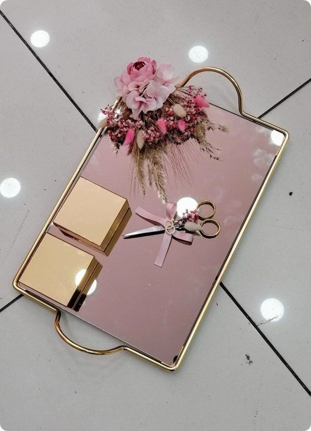 Süslü Siyah aynalı metal damat / tepsi set