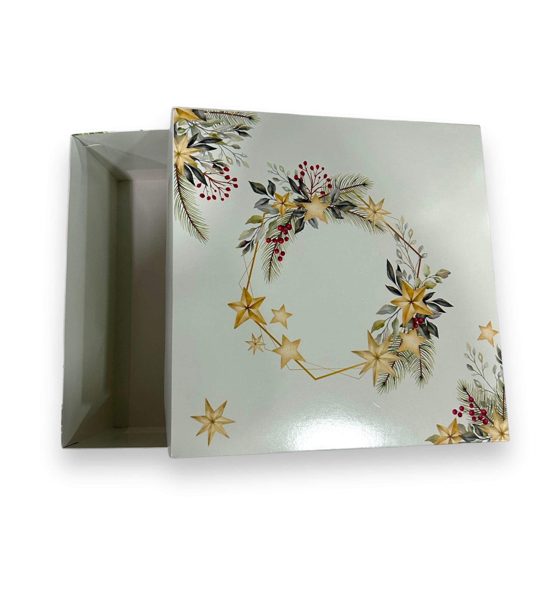 25x25x12 Krem Yıldız Desenli Yılbaşı Hediye Kutusu