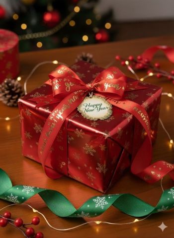 2,5 Cm (20 Mt.) Yılbaşı Happy New Year varaklı Saten Kurdele