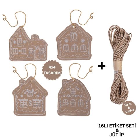 Yılbaşı, Gingerbread Ev Tasarımlı Hediye Etiket  Kraft Delikli Tebrik Kartı Seti