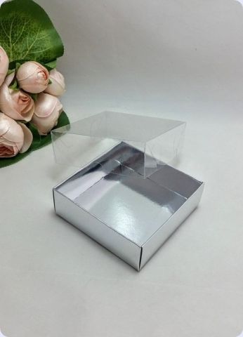 50 li 9x9x3 cm (Gümüş) Altı Karton Asetat Kapaklı Kutu