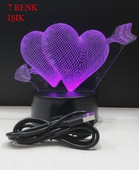 3D Işıklı İki Kalpli Gece Lambası Kumandalı