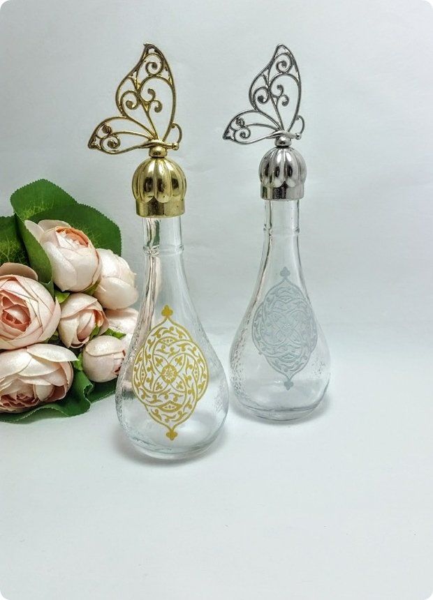 12 li Metal Kelebek Tepelikli Kilim Desenli İksir Cam Kolonya Şişesi