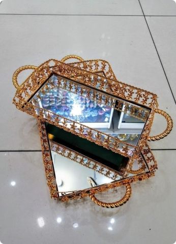 2 li metal çiçek işlemeli tepsi seti