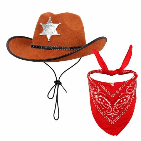 Çocuk Kovboy Şapka Rozetli Kahverengi & Kırmızı Bandana Fular Seti