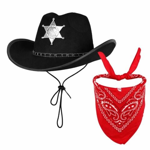 Çocuk Kovboy Şapka Rozetli Siyah & Kırmızı Bandana Fular Seti