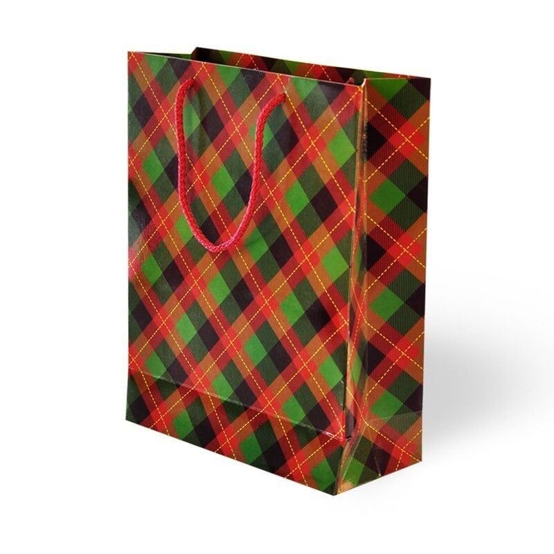 10 Lu 25x30 cm Kırmızı/Yeşil Ekose Desenli Karton Çanta